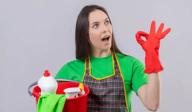 young woman with some cleaning supplies ready to clean