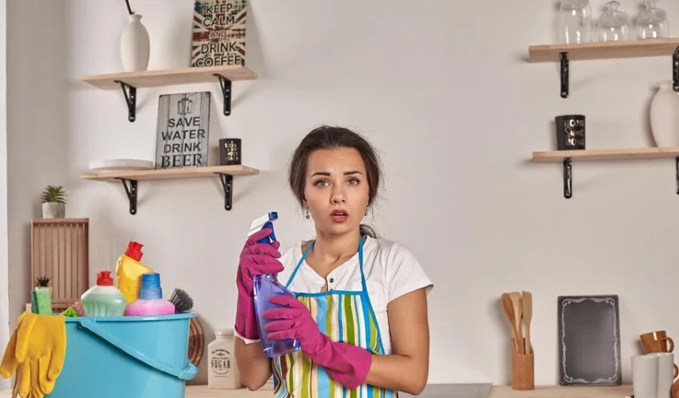Woman in pink gloves looking shocked with a blue cleaning basket near her.