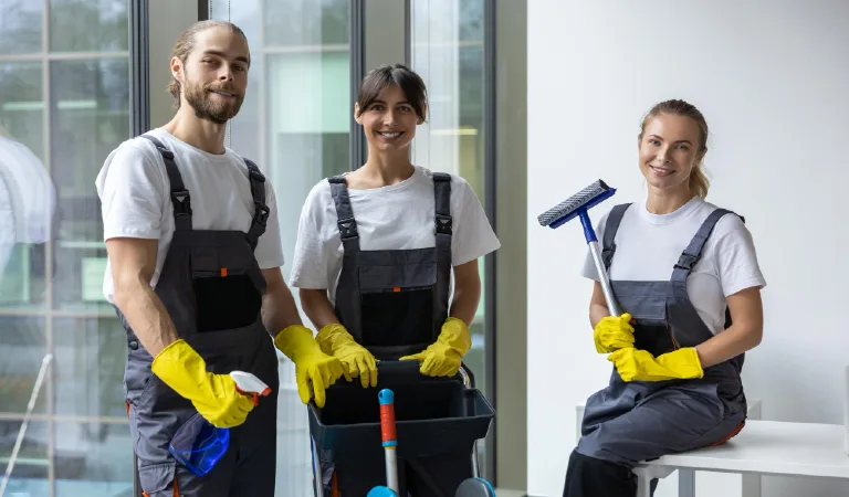 Team of housekeeping staff standing near the window in the office