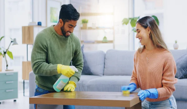 Couple spray and cleaning in home of table furniture wipe surface in living room