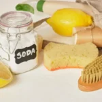 Closeup of labeled soda can lemon and other eco friendly cleaning supplies no waste living say no to plastic