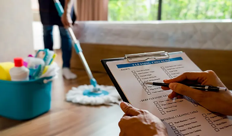 Cropped hand of person holding paper in clipboard at home