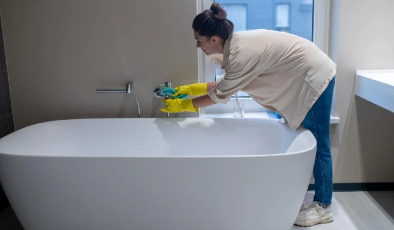 Disinfection. A housewife disinfecting the bathroom at home